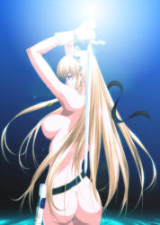 Rule 34 | 1girl, arms up, artist name, ass, blonde hair, blue eyes, breasts, earrings, from behind, gloves, jewelry, large breasts, long hair, nipples, nude, profile, sharon, solo, sword, takatan, very long hair, weapon, words worth
