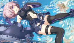 Rule 34 | armor, armored dress, black panties, black thighhighs, breasts, clothing cutout, elbow gloves, eyes visible through hair, fate/grand order, fate (series), faulds, flower, fujima takuya, gloves, hair over one eye, hand on own chest, lily (flower), looking at viewer, mash kyrielight, medium breasts, navel, navel cutout, open mouth, panties, purple eyes, purple gloves, purple hair, purple legwear, reflection, ripples, shield, short hair, smile, solo, thighhighs, thighs, underwear, water