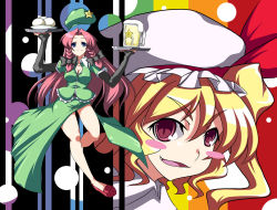 Rule 34 | 2girls, blonde hair, blue eyes, braid, china dress, chinese clothes, dress, female focus, flandre scarlet, hat, hong meiling, kotepo, long hair, multiple girls, ponytail, red eyes, red hair, revision, short hair, side ponytail, embodiment of scarlet devil, touhou, twin braids