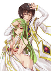 Rule 34 | 1boy, 1girl, arm up, bad id, bad pixiv id, bare shoulders, black hair, blush, breasts, c.c., censored, chess piece, clothed male nude female, coat, code geass, convenient censoring, green hair, hand on another&#039;s head, hat, lelouch vi britannia, long hair, mozuyun, no bra, no panties, nude, one eye closed, purple eyes, shiny skin, smile, thighhighs, white thighhighs, wink, yellow eyes