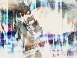 Rule 34 | 1boy, animal, black hair, blue eyes, clive rosfield, closed mouth, copyright name, dog, final fantasy, final fantasy xvi, from side, gloves, grey wolf, high collar, holding, holding animal, male focus, puppy, red gloves, ruka (blueplus84), short hair, solo, standing, sword, torgal (ff16), twitter username, weapon, weapon on back, wolf