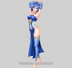 Rule 34 | 1girl, armpits, arms up, barefoot, blue dress, blue eyes, blue hair, breasts, catria (fire emblem), commission, commissioner upload, crazzeffect, dress, fire emblem, fire emblem: mystery of the emblem, fire emblem: new mystery of the emblem, fire emblem: shadow dragon, fire emblem: shadow dragon and the blade of light, full body, headband, highleg, highres, jewelry, looking at viewer, lots of jewelry, medium breasts, necklace, nintendo, no panties, simple background, smile, standing, strapless, strapless dress, tagme, thighhighs