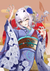 Rule 34 | 1girl, absurdres, atenderliver, blue kimono, blush, breasts, fate/grand order, fate (series), forked eyebrows, highres, japanese clothes, kimono, long hair, long sleeves, looking at viewer, melusine (fate), obi, one eye closed, open mouth, ponytail, sash, sidelocks, small breasts, smile, solo, white hair, wide sleeves, yellow eyes