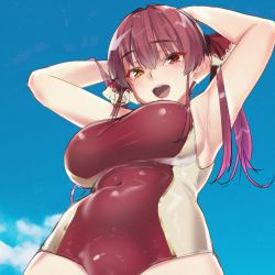 Rule 34 | 1girl, armpit crease, armpits, arms behind head, arms up, blue sky, blush, breasts, cloud, commentary, competition swimsuit, covered navel, day, dutch angle, from below, hair ribbon, heterochromia, highres, hololive, houshou marine, large breasts, looking at viewer, medium hair, one-piece swimsuit, open mouth, oshiruko (oshiruco 212048), outdoors, red eyes, red hair, red one-piece swimsuit, red ribbon, ribbon, sky, smile, solo, standing, swimsuit, teeth, twintails, virtual youtuber, yellow eyes