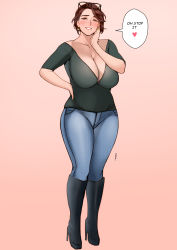 Rule 34 | 1girl, absurdres, blush, boots, breasts, brown eyes, brown hair, cleavage, curvy, denim, earrings, eyewear on head, full body, glasses, green shirt, hand on own hip, hand on own neck, high heel boots, high heels, highres, hoop earrings, jeans, jewelry, jnsdh, large breasts, mature female, mole, mole on breast, mole under eye, mole under mouth, original, pants, shirt, short hair, smile, speech bubble, standing