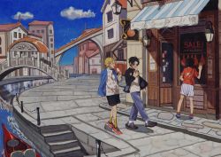 Rule 34 | 3boys, akihare, architecture, black hair, blonde hair, bridge, brothers, eating, food, highres, ice cream, jacket, male focus, monkey d. luffy, multiple boys, one piece, portgas d. ace, river, sabo (one piece), shop, siblings, smile, storefront, walking