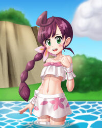 Rule 34 | 1girl, ahoge, arm at side, armpits, bikini, blush, bow, bow bikini, braid, braided ponytail, chloe (pokemon), collarbone, creatures (company), day, els (ljhlee12), eyelashes, female focus, flat chest, floral print, flower hair ornament, game freak, green eyes, hand on own chest, hand up, legs, legs together, long hair, looking at viewer, nature, navel, neck, nintendo, ocean, official alternate costume, open mouth, parted bangs, partially submerged, pink hair, pokemon, pokemon (anime), pokemon journeys, pokemon swsh031, scrunchie, shiny skin, shy, sidelocks, sky, standing, summer, sunlight, swimsuit, thighlet, thighs, two-tone bikini, water, white bikini, wrist scrunchie