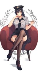 Rule 34 | 1girl, alternate costume, armchair, black footwear, black hair, black hat, black necktie, black skirt, black thighhighs, breast pocket, brown eyes, chair, closed mouth, cosplay, crossed legs, elbow rest, fishnet thighhighs, fishnets, hat, head rest, high heels, highres, holding, kantai collection, kasumi (skchkko), long hair, looking at viewer, nagato (kancolle), necktie, pocket, police, police hat, police uniform, simple background, sitting, skirt, smile, solo, thighhighs, uniform