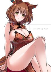 Rule 34 | 1girl, alternate costume, animal ears, aston machan (umamusume), blush, breasts, brown hair, china dress, chinese clothes, cleavage, commentary request, dress, feet out of frame, floral print, green eyes, herohero (higashi no dou), highres, horse ears, horse girl, large breasts, legs, looking at viewer, pelvic curtain, simple background, sitting, skindentation, smile, solo, umamusume, white background
