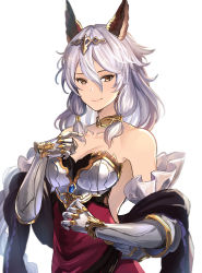 Rule 34 | 1girl, animal ears, armor, armored dress, bare shoulders, blue gemstone, blush, breastplate, breasts, brown eyes, cleavage, collar, collarbone, commentary request, dress, erune, gauntlets, gem, granblue fantasy, hair between eyes, hair tubes, heles, highres, long hair, looking at viewer, medium breasts, pointing, pointing at self, purple shawl, red dress, shawl, shibuki kamone, simple background, solo, strapless, strapless dress, tiara, upper body, white background