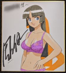 Rule 34 | 1girl, black hair, bra, collarbone, commission, dated, highres, houjin exaxxion, long hair, looking to the side, marker (medium), minagata isaka, panties, parted bangs, purple bra, purple panties, second-party source, shikishi, signature, smile, solo, sonoda ken&#039;ichi, traditional media, underwear, upper body, white background