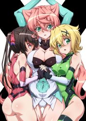 Rule 34 | 10s, 3girls, :o, akatsuki kirika, arms up, ass, bad id, bad twitter id, bare shoulders, black hair, blonde hair, blue eyes, blush, breasts, cleavage, commentary request, covered erect nipples, covered navel, elbow gloves, female focus, girl sandwich, gloves, gluteal fold, green eyes, green leotard, hair between eyes, hair ornament, holding hands, interlocked fingers, large breasts, leotard, long hair, looking at viewer, maria cadenzavna eve, medium breasts, multiple girls, open mouth, pink hair, pink leotard, red eyes, sandwiched, senki zesshou symphogear, shiny clothes, shiny skin, short hair, shoulder blades, skin tight, sleeveless, small breasts, standing, syunzou, thigh gap, thighhighs, tsukuyomi shirabe, twintails, very long hair, white legwear, yuri