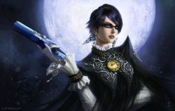 Rule 34 | 1girl, amulet, artist name, bayonetta, bayonetta, bayonetta (series), bayonetta 2, black-framed eyewear, black hair, blue eyes, earrings, glasses, gun, jewelry, lips, lipstick, looking at viewer, ludvikskp, makeup, mole, mole under mouth, moon, short hair, simple background, skin tight, smile, solo, upper body, weapon