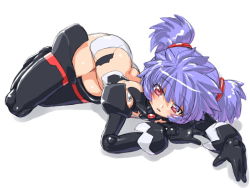 Rule 34 | 10s, 1girl, altines, ass, bad id, bad pixiv id, blue hair, blush, busou shinki, butt crack, dd (ijigendd), doll joints, female focus, full body, joints, lying, on side, red eyes, simple background, solo, thighhighs, twintails, white background