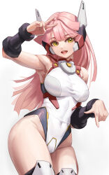 Rule 34 | 1girl, arm armor, arm up, bare shoulders, boots, breasts, collared leotard, covered navel, headset, highres, leotard, long hair, looking at viewer, open mouth, original, parted bangs, pink hair, simple background, solo, standing, swwhenry, teeth, thigh boots, thighs, upper teeth only, v, white background, white leotard, yellow eyes