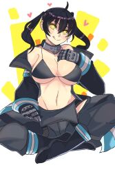 1girl bare_shoulders bikini bikini_top_only black_bikini black_hair blush breasts en&#039;en_no_shouboutai gloves heart jacket large_breasts metal_gloves navel open_clothes open_jacket smile solo stomach sweatdrop swimsuit tamaki_kotatsu tongue tongue_out twintails yellow_eyes yoshiikirablr