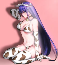 Rule 34 | 1girl, animal ears, animal print, aoba (smartbeat), arm up, bell, bikini, black choker, blue eyes, breasts, choker, cleavage, cow ears, cow horns, cow print, cow print bikini, earrings, elbow gloves, fate/grand order, fate (series), from side, full body, gloves, hairband, highres, horns, jewelry, large breasts, long hair, looking at viewer, martha (fate), navel, neck bell, no shoes, pink background, print bikini, profile, shadow, sitting, solo, stomach, swimsuit, thighhighs, thighs, very long hair, wariza