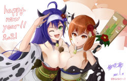 Rule 34 | 2021, 2girls, :d, :o, absurdres, ahoge, animal print, asymmetrical docking, bare shoulders, blue hair, body writing, braid, breast press, breasts, breasts out, chinese zodiac, convenient censoring, cow print, crown braid, dated, facepaint, female focus, fire emblem, fire emblem: path of radiance, fire emblem: radiant dawn, fire emblem: three houses, flower, food between breasts, green eyes, hagoita, hair flower, hair ornament, happy new year, headband, highres, japanese clothes, kimono, large breasts, leonie pinelli, long hair, looking at viewer, matching hair/eyes, mia (fire emblem), multiple girls, new year, nintendo, obi, off shoulder, omikuji, one eye closed, open mouth, orange eyes, orange hair, paddle, print kimono, ryuusaki rei, sash, smile, white headband, wide sleeves, year of the ox