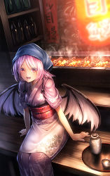 Rule 34 | 1girl, animal ears, apron, blush, cooking, fish, fish (food), floral print, food, grill, grilled eel, grilling, head scarf, highres, japanese clothes, lamprey, lantern, looking at viewer, mystia lorelei, obi, okamisty, open mouth, paper lantern, pink eyes, pink hair, ryosios, sash, short hair, sitting, smile, solo, touhou, wings