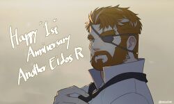 Rule 34 | 1boy, anniversary, another eidos-r, bara, bart (another eidos), beard, black necktie, blue eyes, brown facial hair, brown hair, commentary request, copyright name, eyepatch, facial hair, happy anniversary, highres, hrio (orenoaluze), looking at viewer, male focus, multicolored hair, necktie, one eye covered, shirt, thick eyebrows, twitter username, undone necktie, white shirt