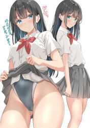 Rule 34 | 1girl, black hair, black one-piece swimsuit, blue eyes, blush, closed mouth, collared shirt, commentary request, competition swimsuit, covered navel, grey skirt, highres, lifting own clothes, long hair, looking at viewer, one-piece swimsuit, original, pleated skirt, school uniform, shirt, short sleeves, sidelocks, simple background, skirt, smile, standing, sunsun2812, swimsuit, swimsuit under clothes, swimsuit under swimsuit, thighs, uniform, white background, white shirt