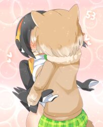 Rule 34 | 2girls, animal ears, bird tail, black-tailed prairie dog (kemono friends), black hair, blush, breast press, breasts, brown hair, brown jacket, commentary request, cowboy shot, emperor penguin (kemono friends), green skirt, headphones, heart, highres, jacket, kemono friends, kiss, large breasts, lets0020, multiple girls, numbered, one-piece swimsuit, pink background, plaid, plaid skirt, short hair, skirt, sparkle, swimsuit, symmetrical docking, tail, white one-piece swimsuit, yuri