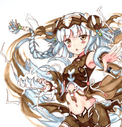 Rule 34 | 1girl, bare shoulders, blush, braid, brown eyes, commentary request, hair ornament, haku (p&amp;d), headpiece, highres, holding, holding weapon, long hair, looking at viewer, marker (medium), miyabeeya, navel, puzzle &amp; dragons, simple background, solo, traditional media, very long hair, weapon, white background