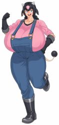 Rule 34 | 1girl, :d, animal ears, black hair, blouse, blue eyes, boots, braid, breasts, collarbone, covered erect nipples, cow ears, creatures (company), curvy, denim, full body, game freak, gen 2 pokemon, gigantic breasts, gloves, highres, horns, miltank, multiple braids, nintendo, open mouth, overalls, personification, pink shirt, pokemon, pokemon tail, shirt, simple background, small head, smile, solo, spacezin, tail, tareme, thick thighs, thighs, tongue, twin braids, white background, wide hips