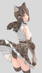 Rule 34 | 1girl, absurdres, animal ear fluff, animal ears, animal print, bare shoulders, breasts, brown hair, cat ears, cat girl, cat tail, clothes lift, commentary, cropped legs, elbow gloves, from behind, gloves, grey background, hair between eyes, highres, iriomote cat (kemono friends), kemono friends, looking back, medium breasts, multicolored hair, panties, print gloves, print panties, print skirt, print thighhighs, shirt, short hair, simple background, skirt, skirt lift, sleeveless, sleeveless shirt, smile, solo, streaked hair, tail, tanabe (fueisei), thighhighs, underwear, white hair, white shirt, yellow eyes