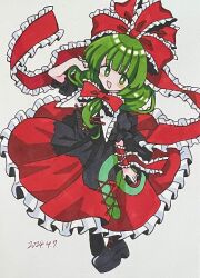 Rule 34 | 1girl, arm ribbon, black footwear, boots, bow, cross-laced footwear, dated, dress, frilled bow, frilled dress, frilled ribbon, frills, front ponytail, furiba 794, green eyes, green hair, highres, kagiyama hina, looking at viewer, puffy short sleeves, puffy sleeves, red bow, red ribbon, ribbon, short sleeves, smile, solo, touhou, traditional media