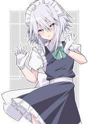Rule 34 | 1girl, absurdres, alternate hairstyle, blue eyes, border, bright pupils, gloves, green neckwear, grey background, grey hair, hair between eyes, highres, izayoi sakuya, looking at viewer, maid, maid headdress, open mouth, outline, puffy short sleeves, puffy sleeves, short hair, short sleeves, solo, standing, touhou, tsukimirin, white border, white gloves, white outline, white pupils