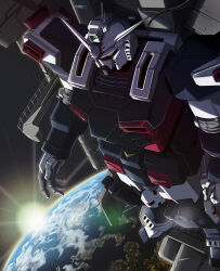Rule 34 | arms at sides, cable, clenched hand, earth (planet), full armor gundam, gundam, gundam thunderbolt, highres, in orbit, j s123, lens flare, mecha, mobile suit, no humans, open hand, planet, robot, science fiction, solo, space, sun, sunlight, v-fin