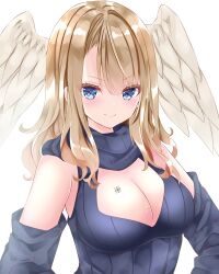 Rule 34 | 1girl, black sleeves, black sweater, blue eyes, blush, breasts, brown hair, cleavage, cleavage cutout, closed mouth, clothing cutout, detached sleeves, eunie (xenoblade), feathered wings, hair between eyes, head wings, highres, long hair, long sleeves, looking at viewer, medium breasts, nanase nao, simple background, sleeveless, sleeveless turtleneck, smile, solo, sweater, turtleneck, turtleneck sweater, upper body, white background, white wings, wings, xenoblade chronicles (series), xenoblade chronicles 3