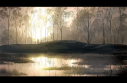 Rule 34 | 1boy, forest, letterboxed, male focus, mugon, nature, original, pond, scenery, solo, tree, water