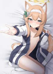 Rule 34 | 1girl, animal ear fluff, animal ears, bed sheet, blue archive, blue eyes, blush, breasts, closed mouth, collarbone, flower, hair flower, hair ornament, halo, highres, jacket, long hair, long sleeves, looking at viewer, mari (blue archive), mari (track) (blue archive), mitsumine raimu, navel, nipples, official alternate costume, open clothes, open jacket, orange hair, small breasts, smile, socks, solo, track jacket, white flower, white headwear, white socks, yellow halo
