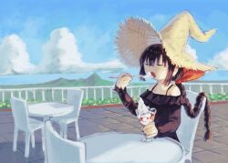 Rule 34 | 1girl, back hair, bare shoulders, black dress, black hair, blue sky, bow, braid, brown headwear, chair, closed eyes, cloud, commentary request, cup, day, dress, eating, flower, food, hair bow, hat, highres, holding, holding spoon, ice cream, kezuru, long hair, long sleeves, mountain, off-shoulder dress, off shoulder, on chair, open mouth, original, outdoors, railing, red bow, single braid, sitting, sky, solo, spoon, straw hat, table, tile floor, tiles, very long hair, witch hat, yellow flower