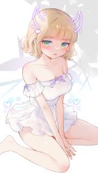 Rule 34 | 1girl, arms between legs, bare legs, bare shoulders, barefoot, between legs, blonde hair, blush, bow, breasts, cleavage, collarbone, detached sleeves, drawn horns, dress, dress bow, frilled dress, frilled sleeves, frills, green eyes, hand between legs, heart, highres, looking at viewer, medium breasts, multicolored eyes, nail polish, original, parted lips, pleated dress, purple bow, purple ribbon, red nails, ribbon, short dress, short hair, short sleeves, sitting, solo, sparkle, strapless, strapless dress, swept bangs, urakiso, wariza, wavy hair, white dress