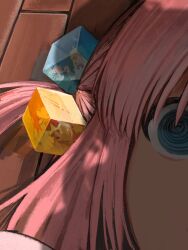 Rule 34 | 4girls, @ @, blue eyes, bocchi the rock!, close-up, commentary, cube hair ornament, gotoh hitori, hair ornament, highres, ijichi nijika, kita ikuyo, long hair, lying, multiple girls, on back, on floor, one side up, out of frame, pink hair, reflection, revision, shadow, solo focus, wooden floor, yaa0, yamada ryo