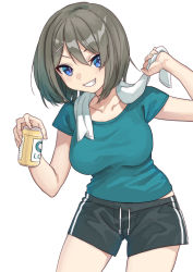 Rule 34 | 1girl, alternate costume, beer can, black shorts, blue eyes, brown hair, can, casual, commentary request, commission, cowboy shot, drawstring, drink can, green shirt, grin, hair ornament, hairclip, kantai collection, maya (kancolle), mitsuyo (mituyo324), shirt, short hair, shorts, simple background, smile, solo, standing, towel, towel around neck, white background, x hair ornament