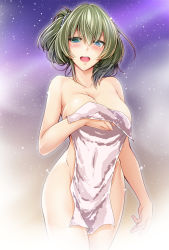 Rule 34 | 10s, 1girl, blue eyes, blush, breasts, brown hair, covering privates, gradient background, green eyes, heterochromia, idolmaster, idolmaster cinderella girls, large breasts, looking at viewer, miyashiro sousuke, mole, mole under eye, naked towel, nude cover, open mouth, short hair, smile, solo, takagaki kaede, towel