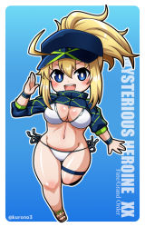 Rule 34 | 1girl, :d, ahoge, artoria pendragon (fate), baseball cap, bikini, blonde hair, blue eyes, blue hat, blue jacket, blush, breasts, character name, chibi, cleavage, commentary request, copyright name, curvy, eyebrows hidden by hair, fate/grand order, fate (series), full body, gluteal fold, groin, hair between eyes, hair through headwear, hand up, hat, jacket, kurono, large breasts, long hair, looking at viewer, mysterious heroine x (fate), mysterious heroine xx (fate), navel, open mouth, outline, ponytail, salute, sandals, shiny skin, shrug (clothing), side-tie bikini bottom, sidelocks, simple background, skindentation, smile, solo, standing, standing on one leg, stomach, swimsuit, teeth, thigh gap, thigh strap, twitter username, upper teeth only, white bikini, wristband, zipper pull tab