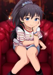 Rule 34 | 1girl, antenna hair, black hair, closed mouth, earrings, ganaha hibiki, hiiringu, idolmaster, idolmaster (classic), jewelry, looking at viewer, necklace, ponytail, scrunchie, shirt, shorts, sitting, smile, socks, solo, sparkle, striped clothes, striped shirt