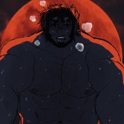 Rule 34 | 1boy, arm hair, backlighting, bara, beard, chest hair, facial hair, flower-shaped pupils, full beard, full moon, hairy, heavy breathing, highres, kabedon on viewer, large pectorals, looking at viewer, male focus, mature male, messy hair, moon, muscular, muscular male, mustache stubble, nipples, nude, original, outstretched arms, pectoral squeeze, pectorals, red moon, short hair, solo, stubble, sweat, symbol-shaped pupils, thick beard, thick eyebrows, transformation, upper body, very sweaty, vincet (lostguyran0)