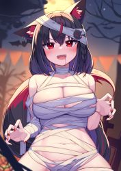 Rule 34 | 1girl, :d, absurdres, alternate breast size, animal ears, bandages, bat (animal), breasts, deaver, full moon, halloween, highres, hololive, kurokami fubuki, large breasts, looking at viewer, moon, multicolored hair, navel, open mouth, outdoors, pentagram, red eyes, red hair, sharp teeth, smile, solo, streaked hair, tail, teeth, upper teeth only, virtual youtuber, wolf ears, wolf girl, wolf tail