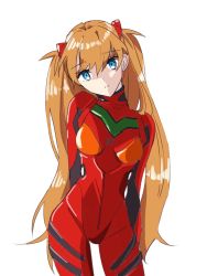Rule 34 | 1girl, alternate hair length, alternate hairstyle, artist request, blue eyes, bodysuit, breasts, brown hair, curvy, expressionless, highres, interface headset, long hair, neon genesis evangelion, pilot suit, plugsuit, red bodysuit, shiny clothes, simple background, solo, souryuu asuka langley, white background, wide hips