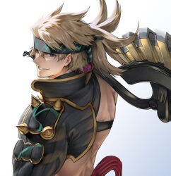 Rule 34 | 1boy, axe, blonde hair, blue eyes, fate/grand order, fate (series), gradient background, headband, holding, holding axe, looking back, male focus, mugetsu2501, over shoulder, ponytail, sakata kintoki (fate), sakata kintoki (heian warrior attire) (fate), smile, solo, weapon, weapon over shoulder