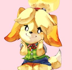 Rule 34 | 1girl, animal crossing, animal ears, animal feet, animal nose, barefoot, bell, blonde hair, blue skirt, blush, blush stickers, body fur, buttons, closed mouth, dog ears, dog girl, dog tail, female focus, flat chest, full body, furry, furry female, green vest, hair bell, hair ornament, hair tie, hands on own cheeks, hands on own face, hands up, happy, isabelle (animal crossing), jaibus, jingle bell, light blush, looking at viewer, miniskirt, neck ribbon, nintendo, parted bangs, pink background, plaid, plaid vest, red ribbon, ribbon, shirt, short hair, short sleeves, simple background, sitting, sketch, skirt, smile, solo, tail, topknot, two-tone fur, vest, wariza, white eyes, white fur, white shirt, yellow fur