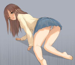 Rule 34 | 1girl, all fours, ass, barefoot, blue skirt, blush, brown eyes, brown hair, embarrassed, grey background, long hair, looking at viewer, looking back, open mouth, original, panties, pleated skirt, sayika, school uniform, simple background, skirt, soles, solo, sweatdrop, sweater, thighs, underwear, wavy mouth, white panties