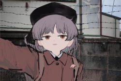 Rule 34 | 1girl, alternate hair color, asasow, barbed wire, beret, black hat, black ribbon, brick wall, brown coat, brown eyes, building, coat, colored inner hair, commentary request, day, grey hair, hair ribbon, half-closed eyes, hat, hatoba tsugu, long sleeves, looking at viewer, medium hair, multicolored hair, open mouth, outdoors, outstretched arm, photo background, purple hair, ribbon, selfie, shoulder strap, single hair ring, smile, solo, tsugu (vtuber), upper body, virtual youtuber