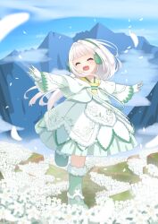 Rule 34 | 1girl, blunt bangs, blush, boots, closed eyes, dress, earmuffs, fang, field, fingerless gloves, flower, flower field, full body, fur-trimmed boots, fur trim, gloves, highres, jacket, long hair, long sleeves, mountain, norikoseal, open mouth, original, outdoors, outstretched arms, petals, sky, sleeves past wrists, smile, solo, standing, standing on one leg, white hair